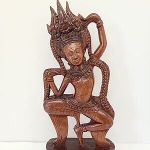 Apsara Dancer Wood Statue Cambodian Dancer Hand Carved Wood Figurine 11.5" Tall
